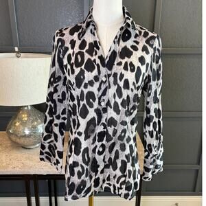 Ann Taylor Black Gray Animal Leopard Career Office Siren Long Sleeve Blouse 8